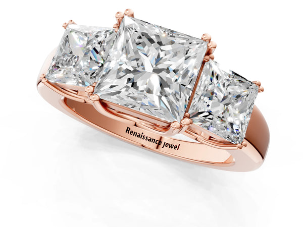 Rose gold Three-Stone Princess Cut Cut Diamond Ring with Channel Set Band and Four-Prong Setting