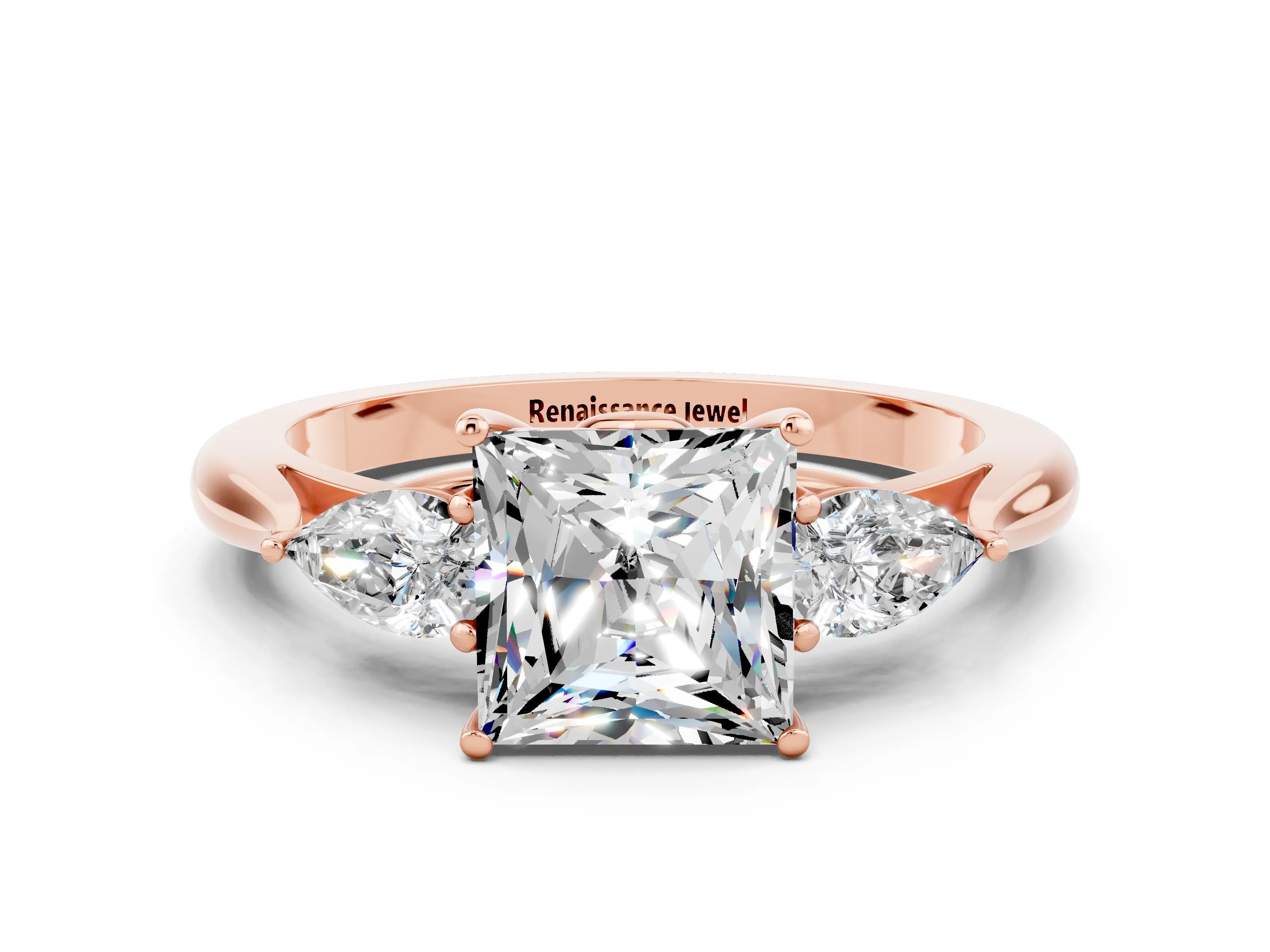 Rose gold Three-Stone Princess Cut Cut Diamond Ring with Pear Side Stones in Four-Prong Setting