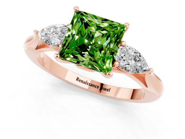 Rose gold Three-Stone Princess Cut Cut Diamond Ring with Pear Side Stones in Four-Prong Setting