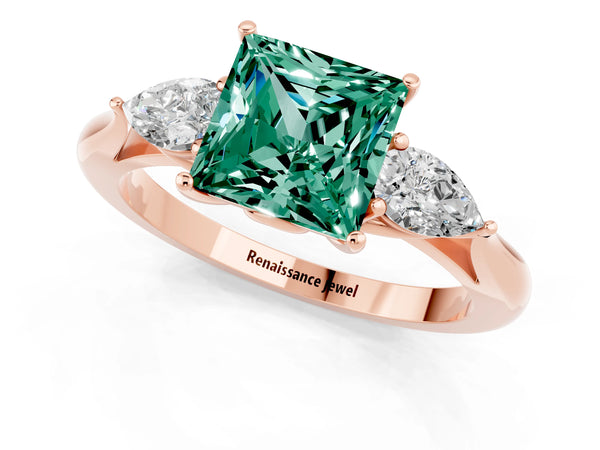 Rose gold Three-Stone Princess Cut Green Sapphire Ring with Pear  Side Stones in Four-Prong Setting