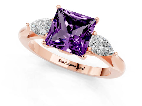 Rose gold Three-Stone Princess Cut Cut Diamond Ring with Pear Side Stones in Four-Prong Setting_1