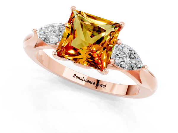Rose gold Three-Stone Princess Cut Citrine Ring with Pear  Side Stones in Four-Prong Setting