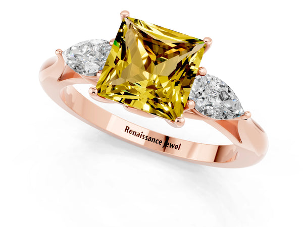 Rose gold Three-Stone Princess Cut Yellow Sapphire Ring with Pear  Side Stones in Four-Prong Setting