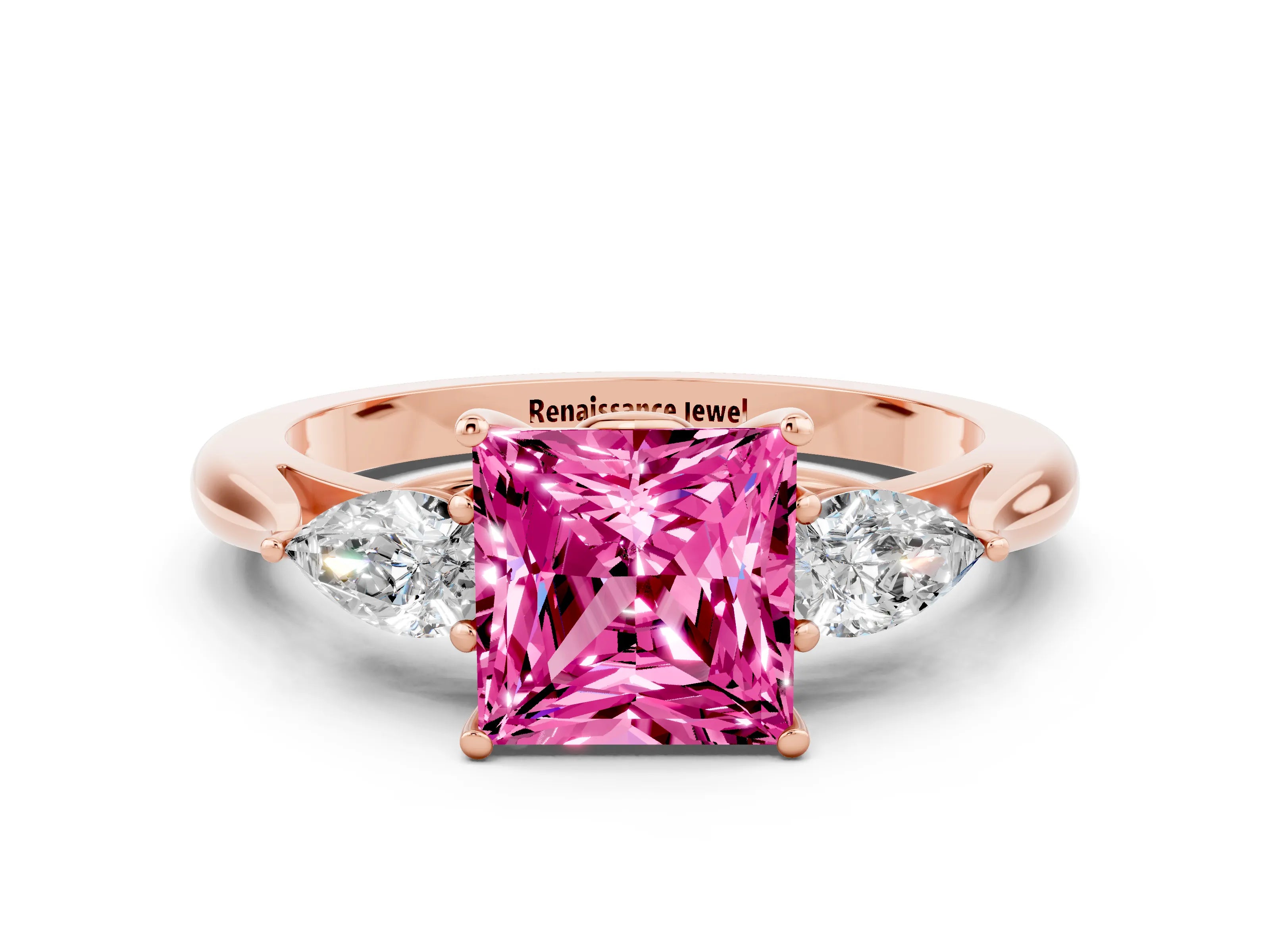 Rose gold Three-Stone Princess Cut Cut Diamond Ring with Pear Side Stones in Four-Prong Setting