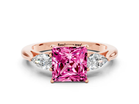 Rose gold Three-Stone Princess Cut Cut Diamond Ring with Pear Side Stones in Four-Prong Setting