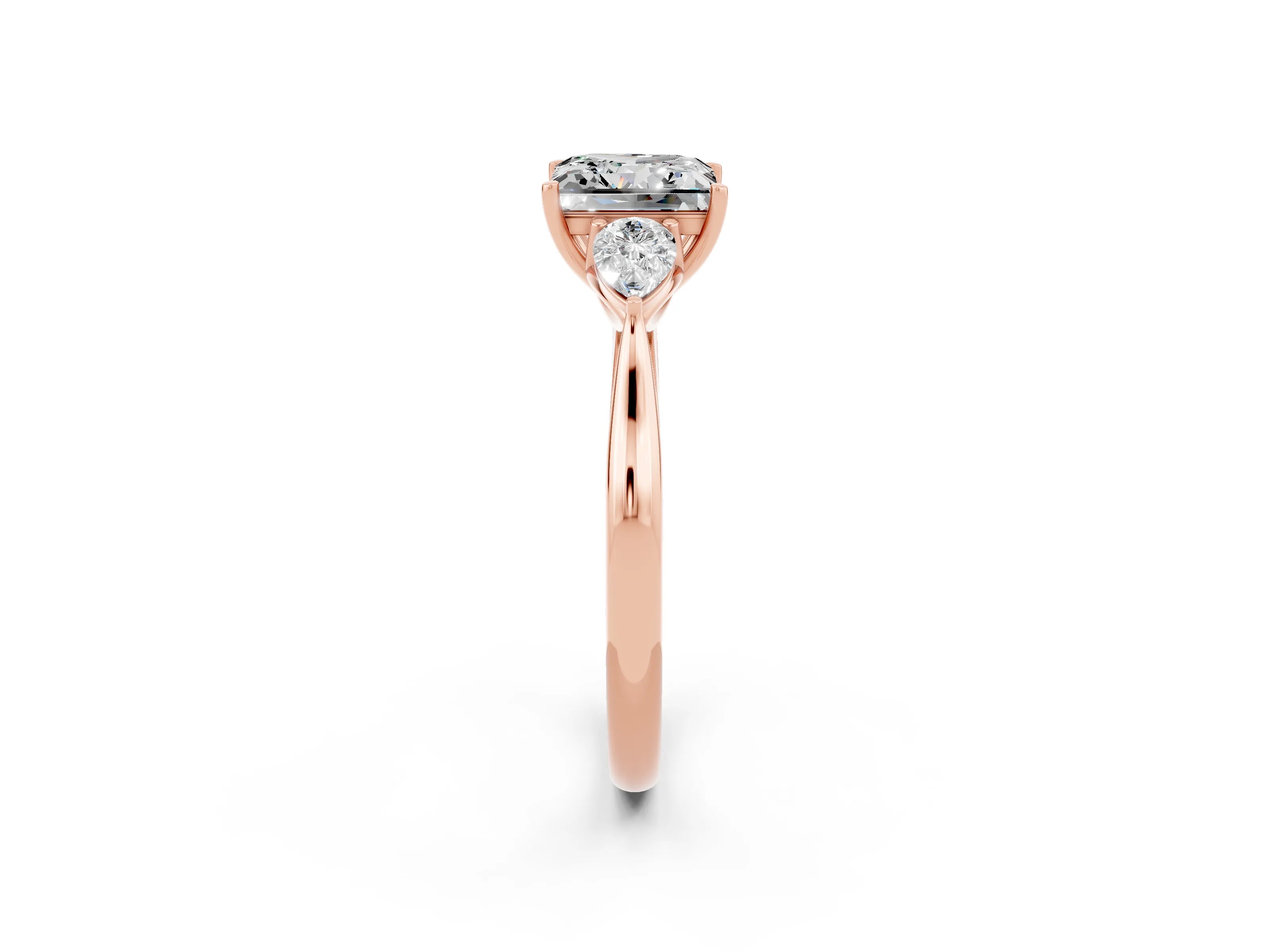 Rose gold Three-Stone Princess Cut Cut Diamond Ring with Pear Side Stones in Four-Prong Setting_2