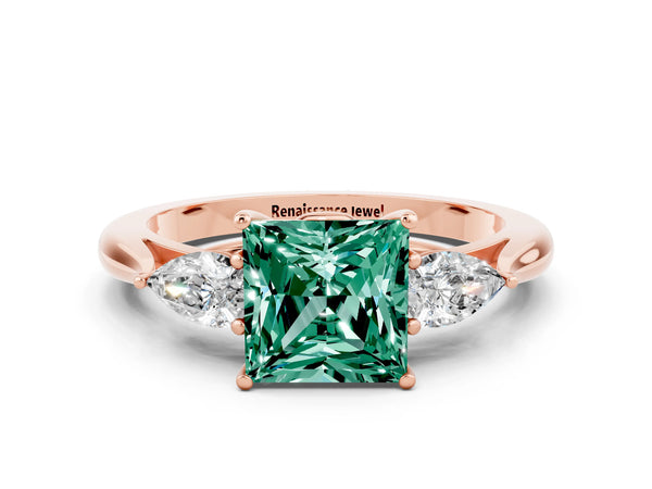 Rose gold Three-Stone Princess Cut Green Sapphire Ring with Pear  Side Stones in Four-Prong Setting