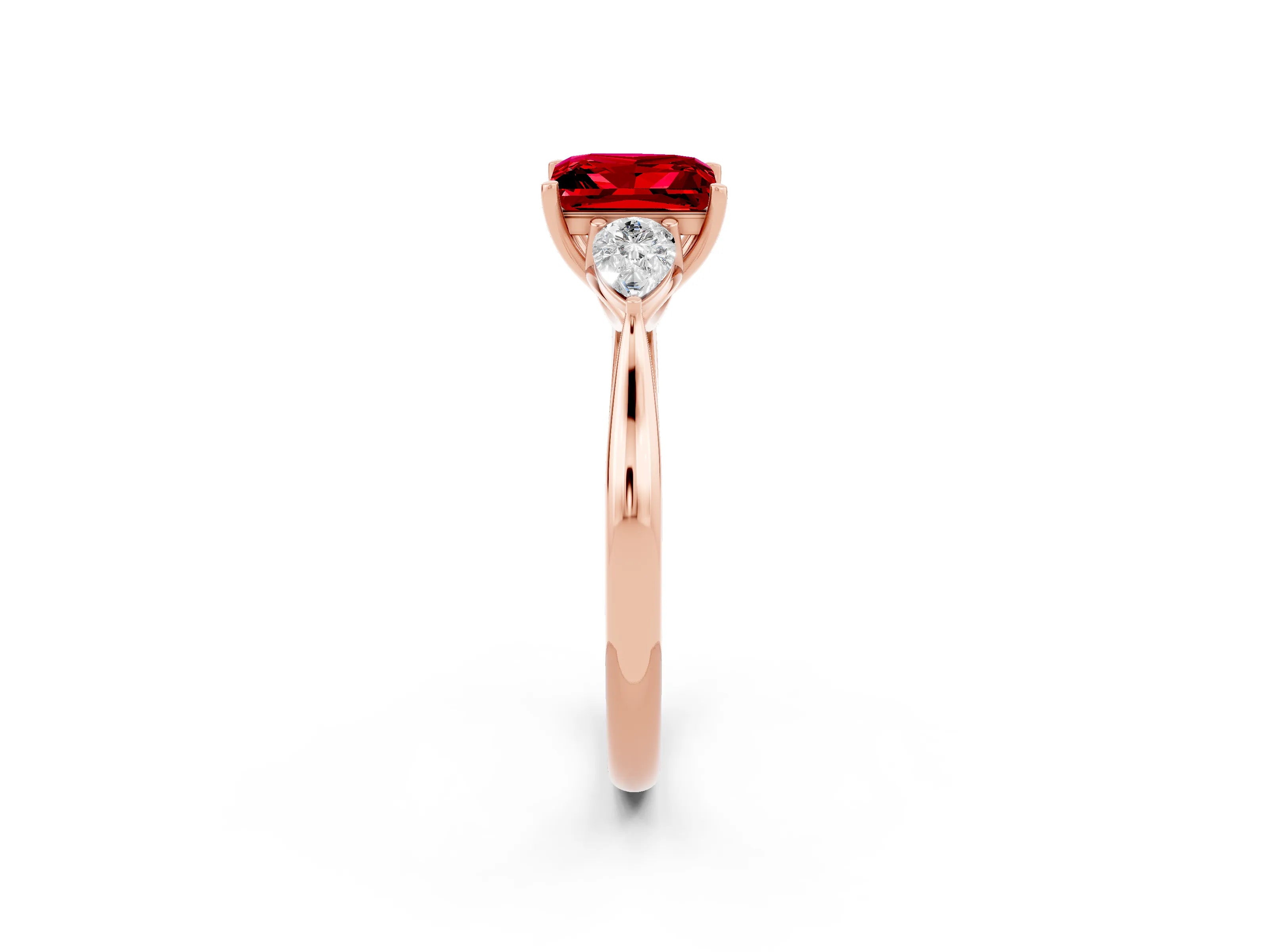 Rose gold Three-Stone Princess Cut Cut Diamond Ring with Pear Side Stones in Four-Prong Setting_2