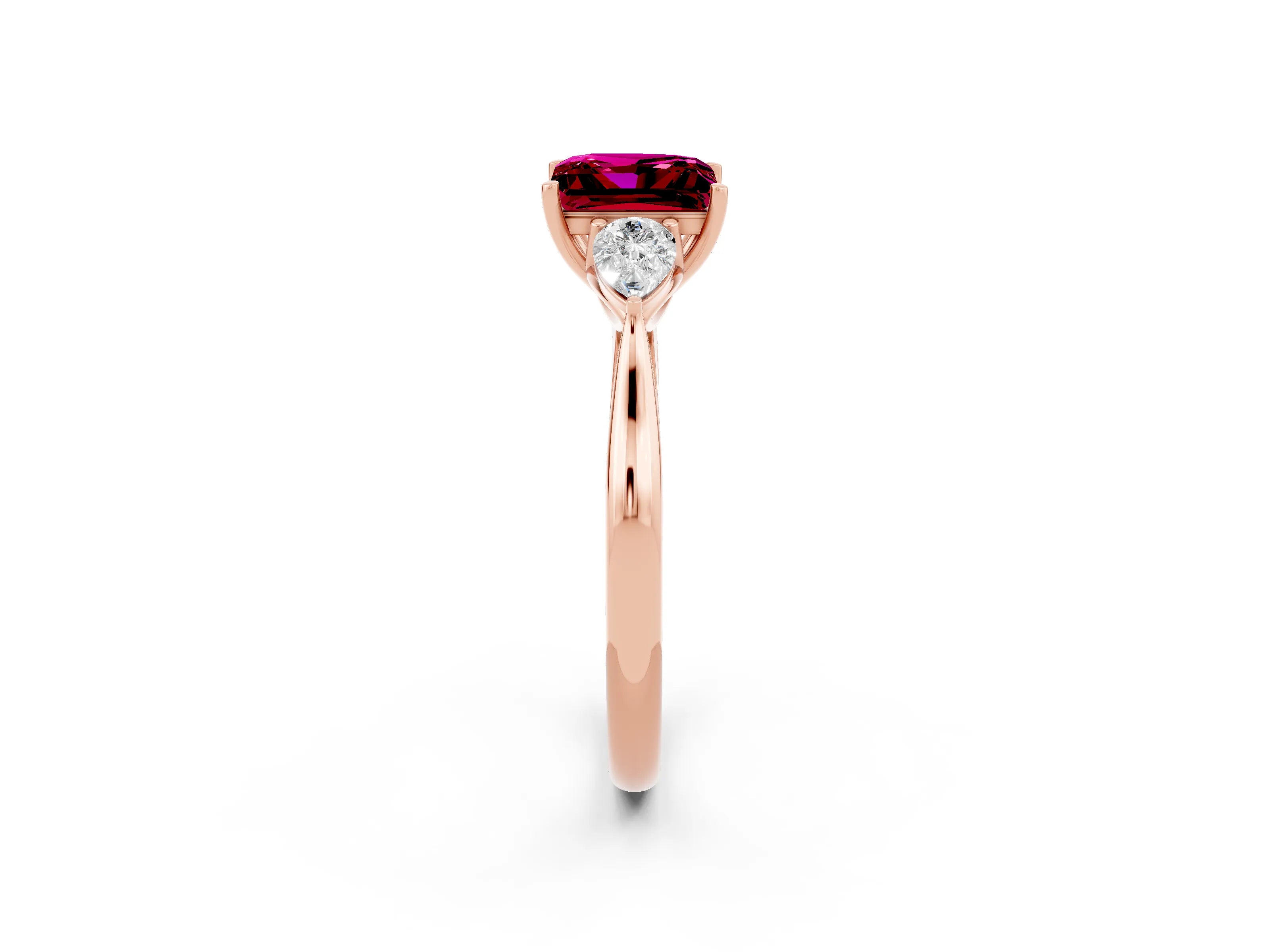 Rose gold Three-Stone Princess Cut Cut Diamond Ring with Pear Side Stones in Four-Prong Setting_2
