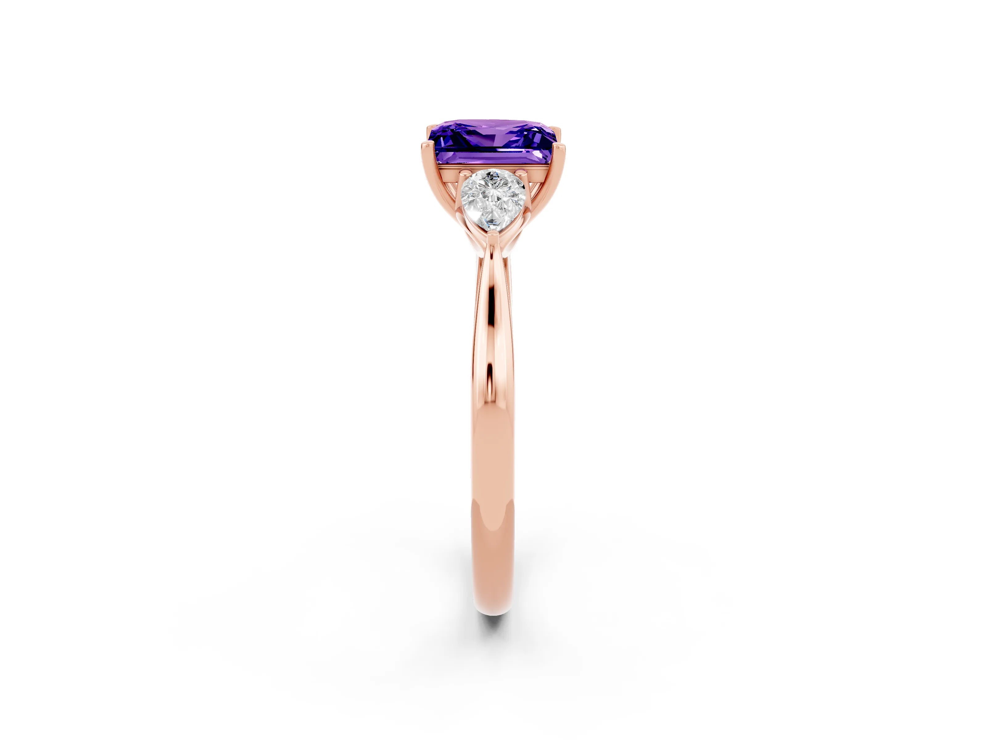 Rose gold Three-Stone Princess Cut Cut Diamond Ring with Pear Side Stones in Four-Prong Setting_2