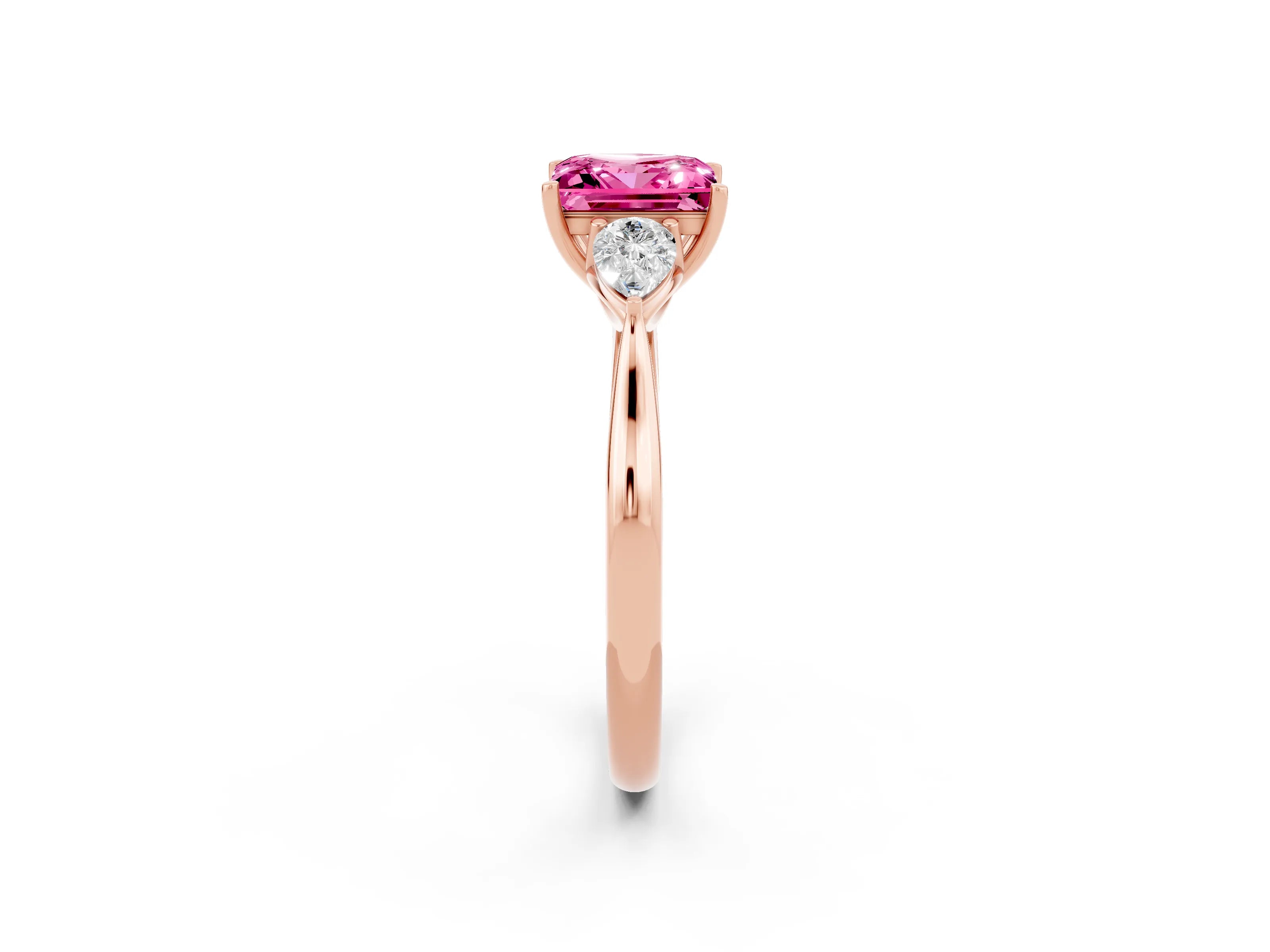 Rose gold Three-Stone Princess Cut Cut Diamond Ring with Pear Side Stones in Four-Prong Setting_2