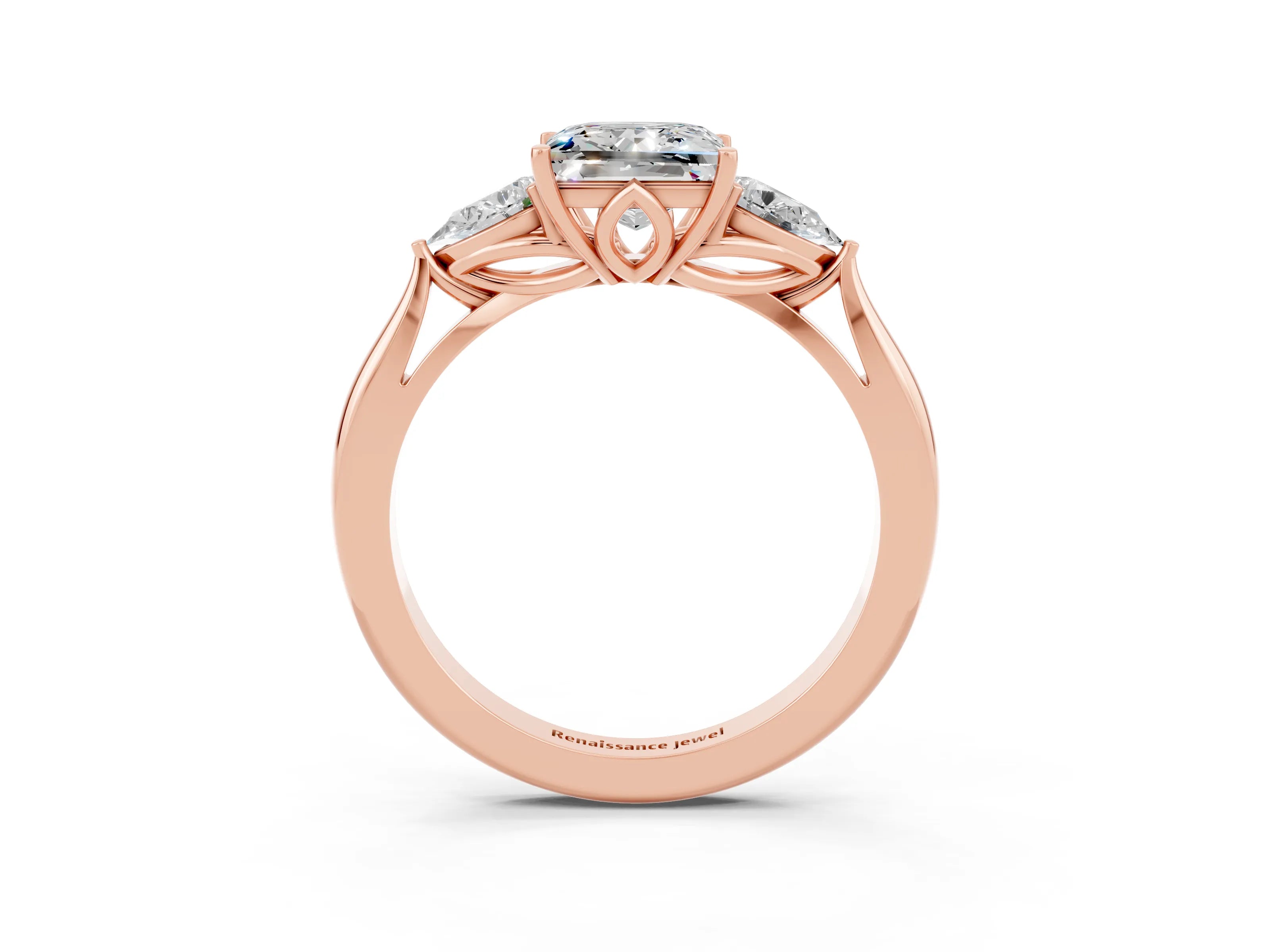 Rose gold Three-Stone Princess Cut Cut Diamond Ring with Pear Side Stones in Four-Prong Setting_3