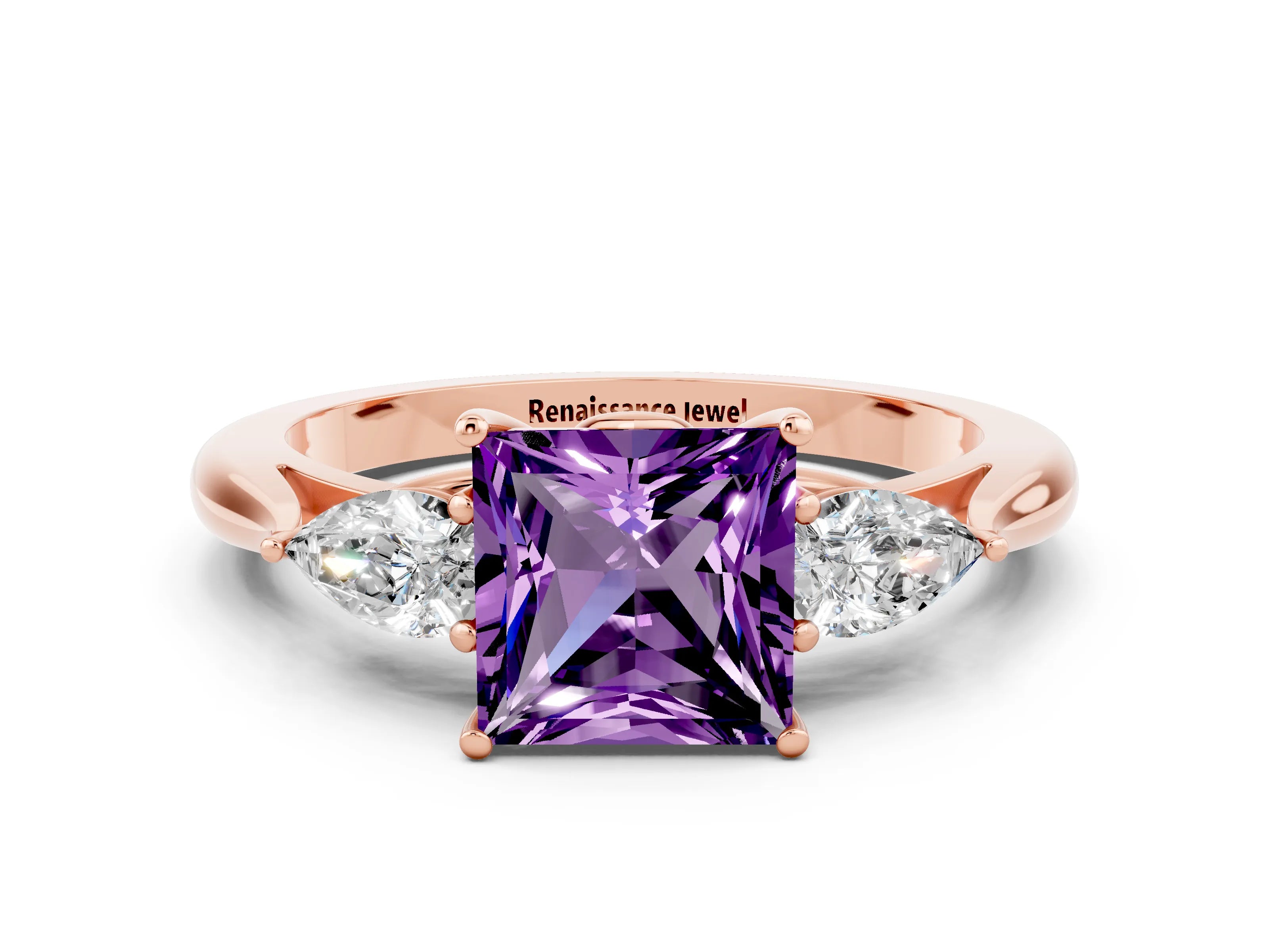 Rose gold Three-Stone Princess Cut Cut Diamond Ring with Pear Side Stones in Four-Prong Setting