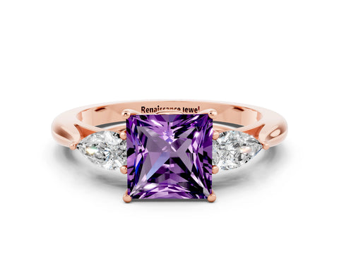 Rose gold Three-Stone Princess Cut Cut Diamond Ring with Pear Side Stones in Four-Prong Setting
