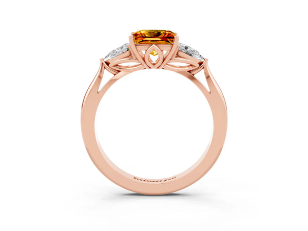 Rose gold Three-Stone Princess Cut Citrine Ring with Pear  Side Stones in Four-Prong Setting