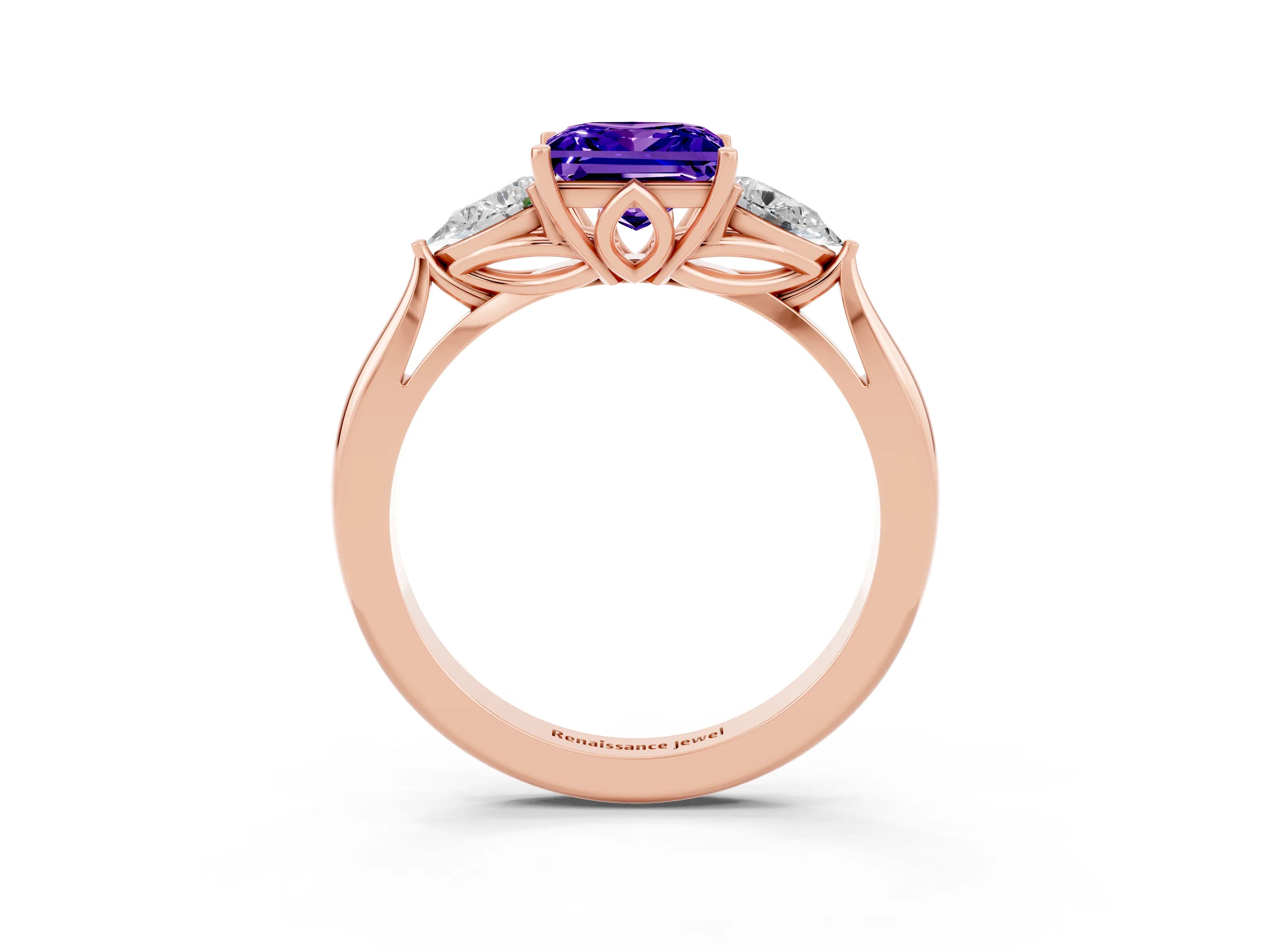Rose gold Three-Stone Princess Cut Cut Diamond Ring with Pear Side Stones in Four-Prong Setting_3