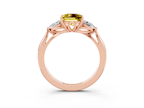 Rose gold Three-Stone Princess Cut Yellow Sapphire Ring with Pear  Side Stones in Four-Prong Setting