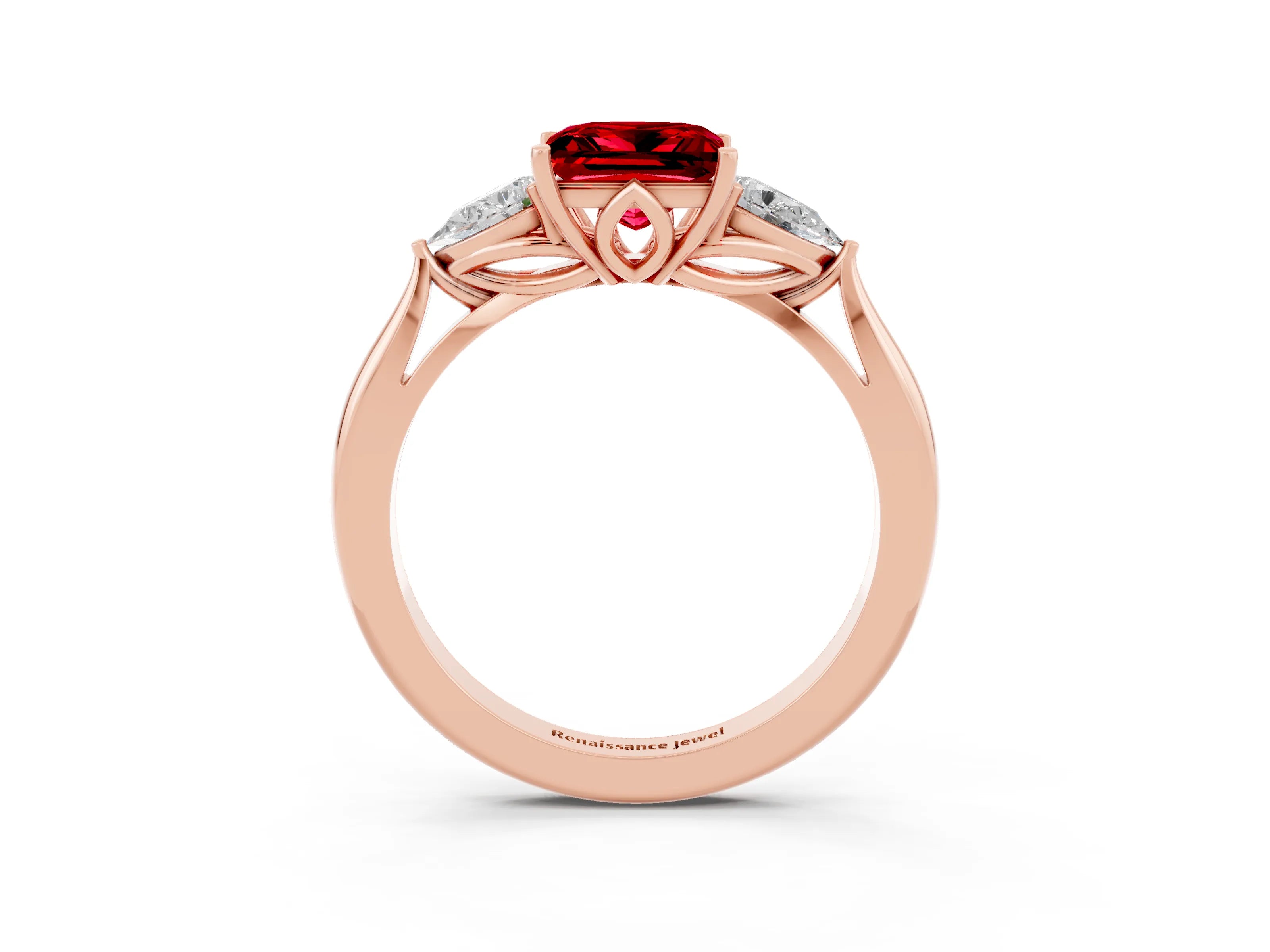 Rose gold Three-Stone Princess Cut Cut Diamond Ring with Pear Side Stones in Four-Prong Setting_3