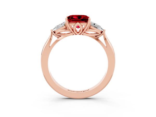 Rose gold Three-Stone Princess Cut Cut Diamond Ring with Pear Side Stones in Four-Prong Setting