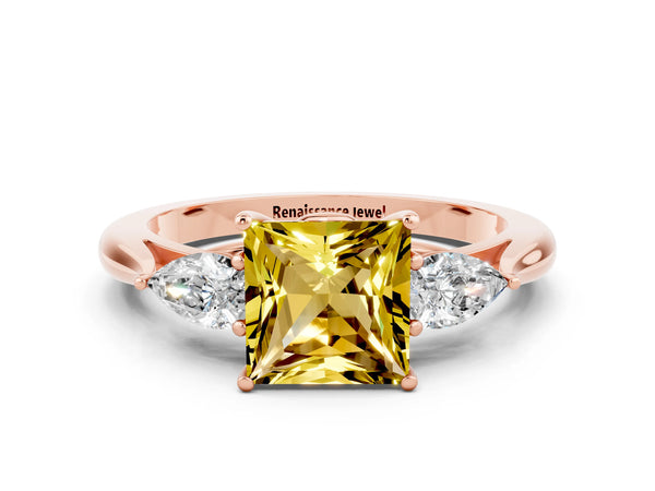 Rose gold Three-Stone Princess Cut Yellow Sapphire Ring with Pear  Side Stones in Four-Prong Setting