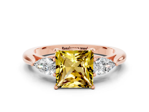 Rose gold Three-Stone Princess Cut Cut Diamond Ring with Pear Side Stones in Four-Prong Setting