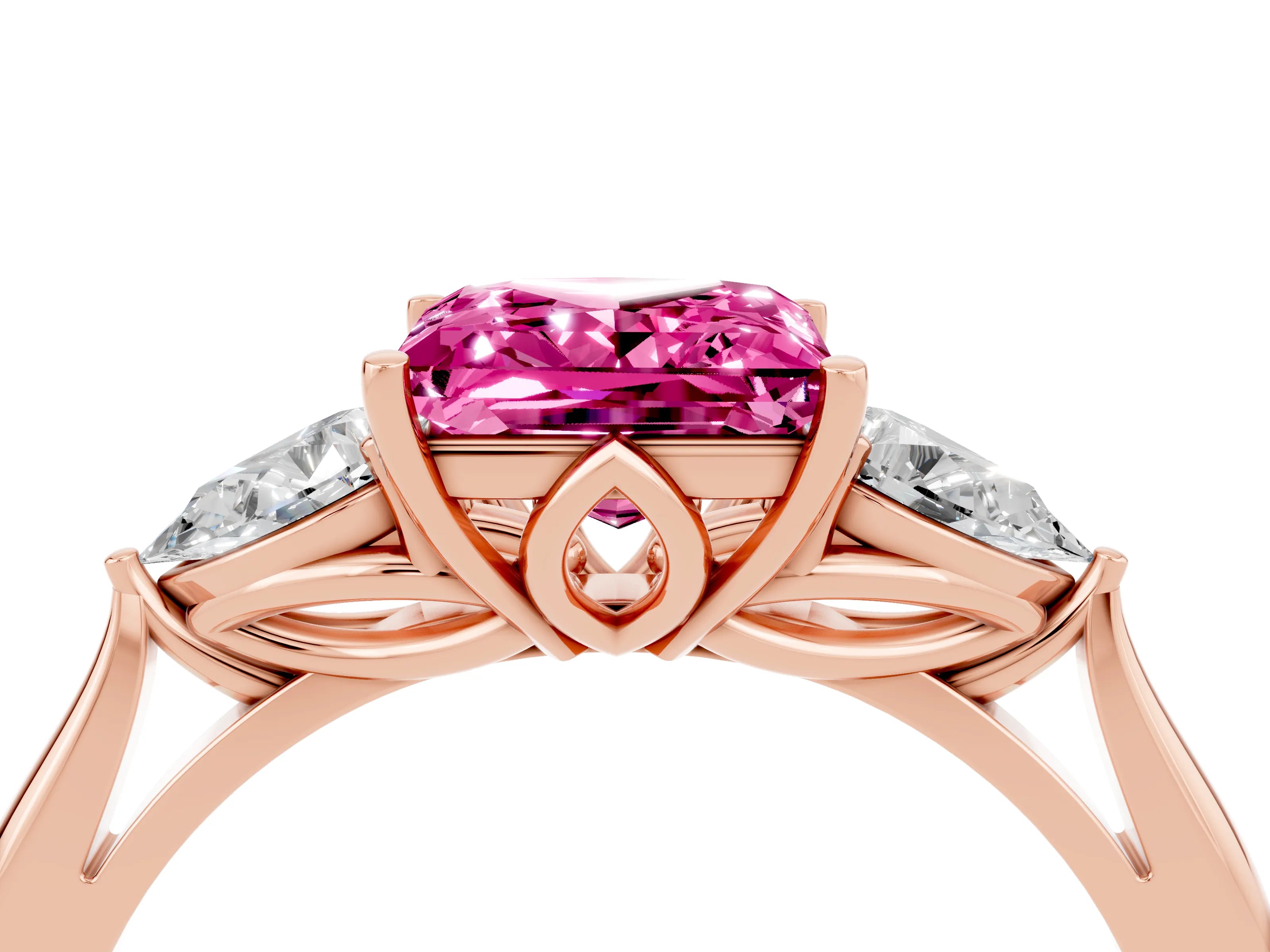 Rose gold Three-Stone Princess Cut Cut Diamond Ring with Pear Side Stones in Four-Prong Setting_4