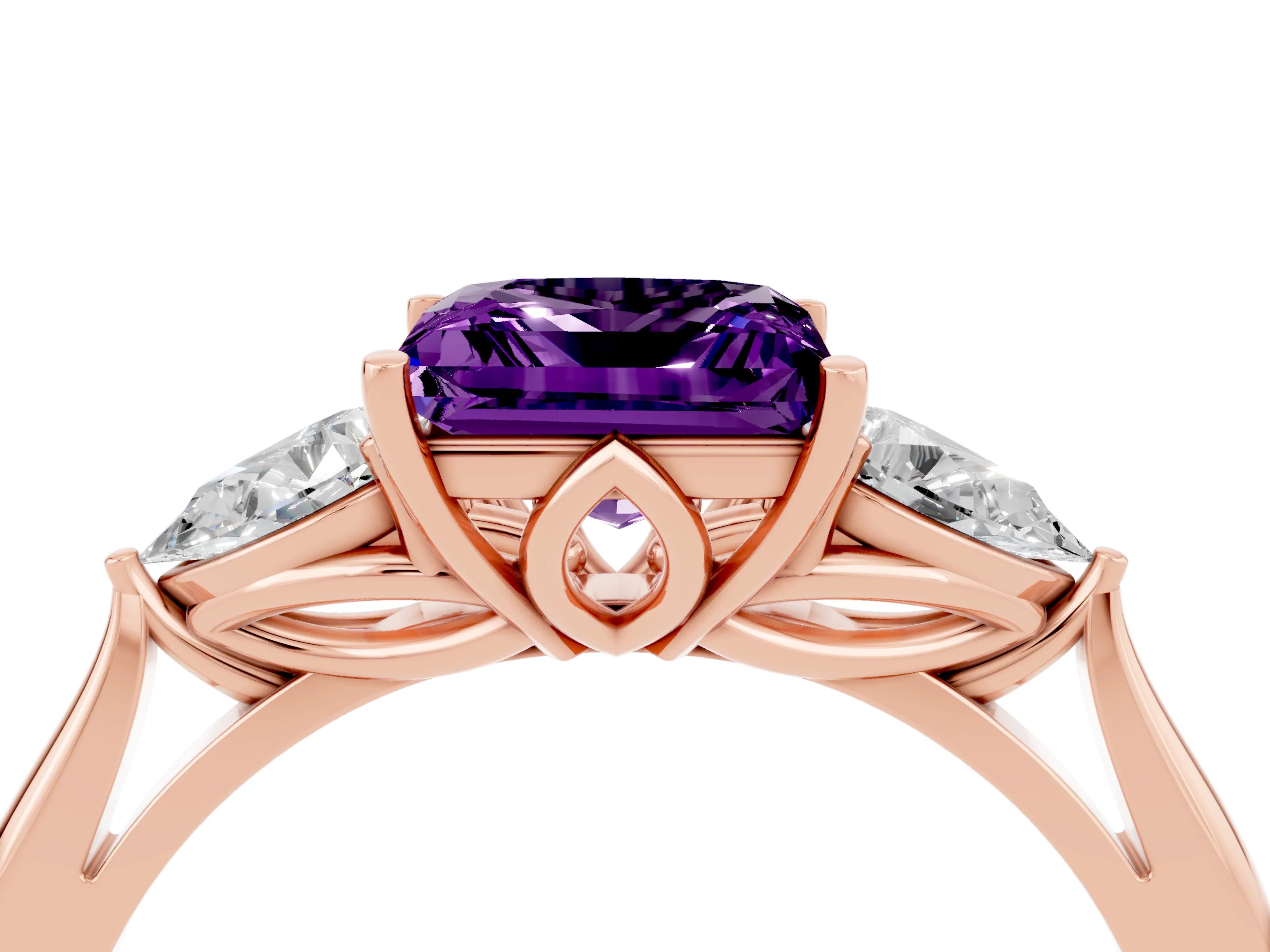 Rose gold Three-Stone Princess Cut Cut Diamond Ring with Pear Side Stones in Four-Prong Setting_4