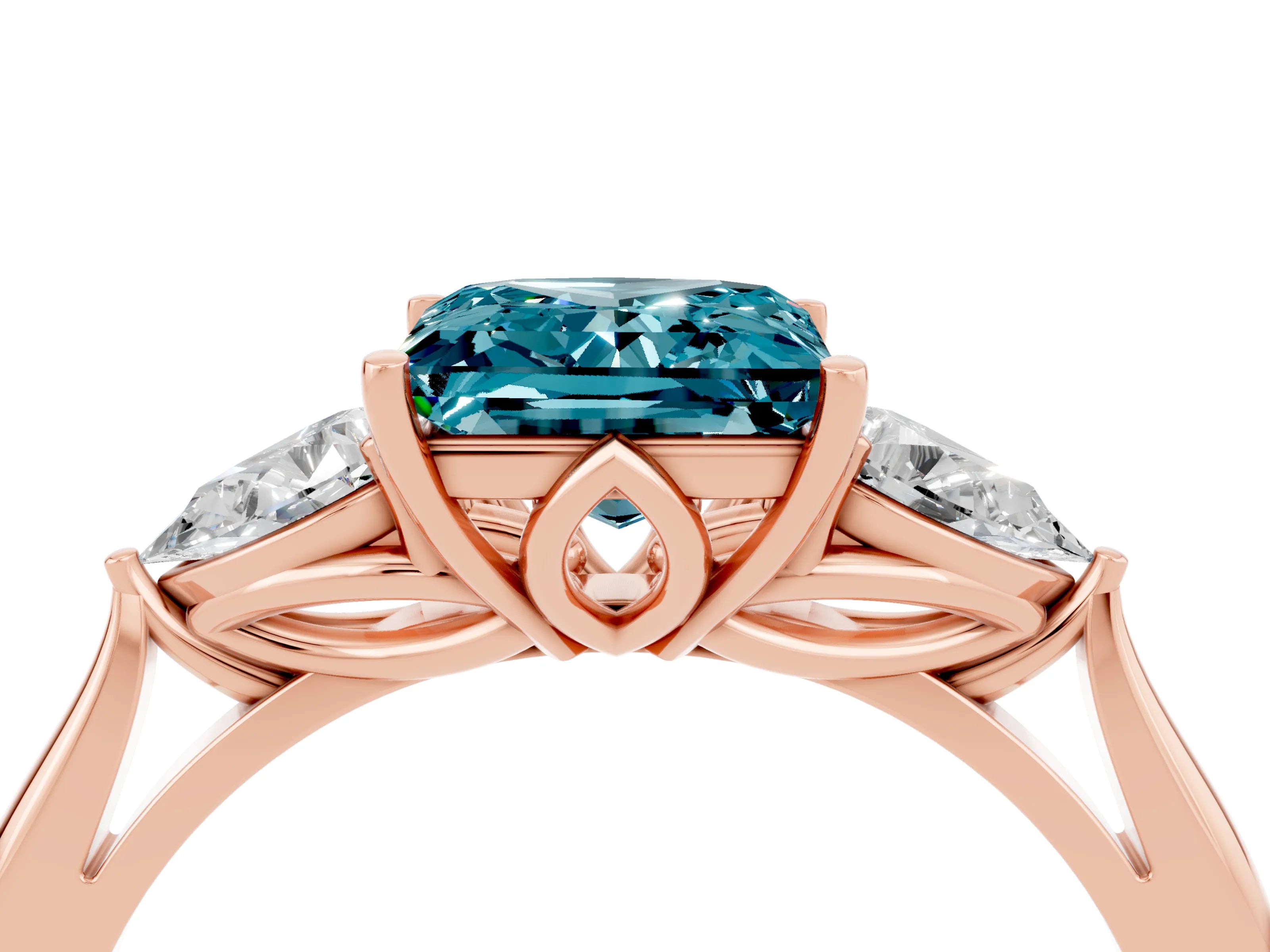 Rose gold Three-Stone Princess Cut Cut Diamond Ring with Pear Side Stones in Four-Prong Setting_4