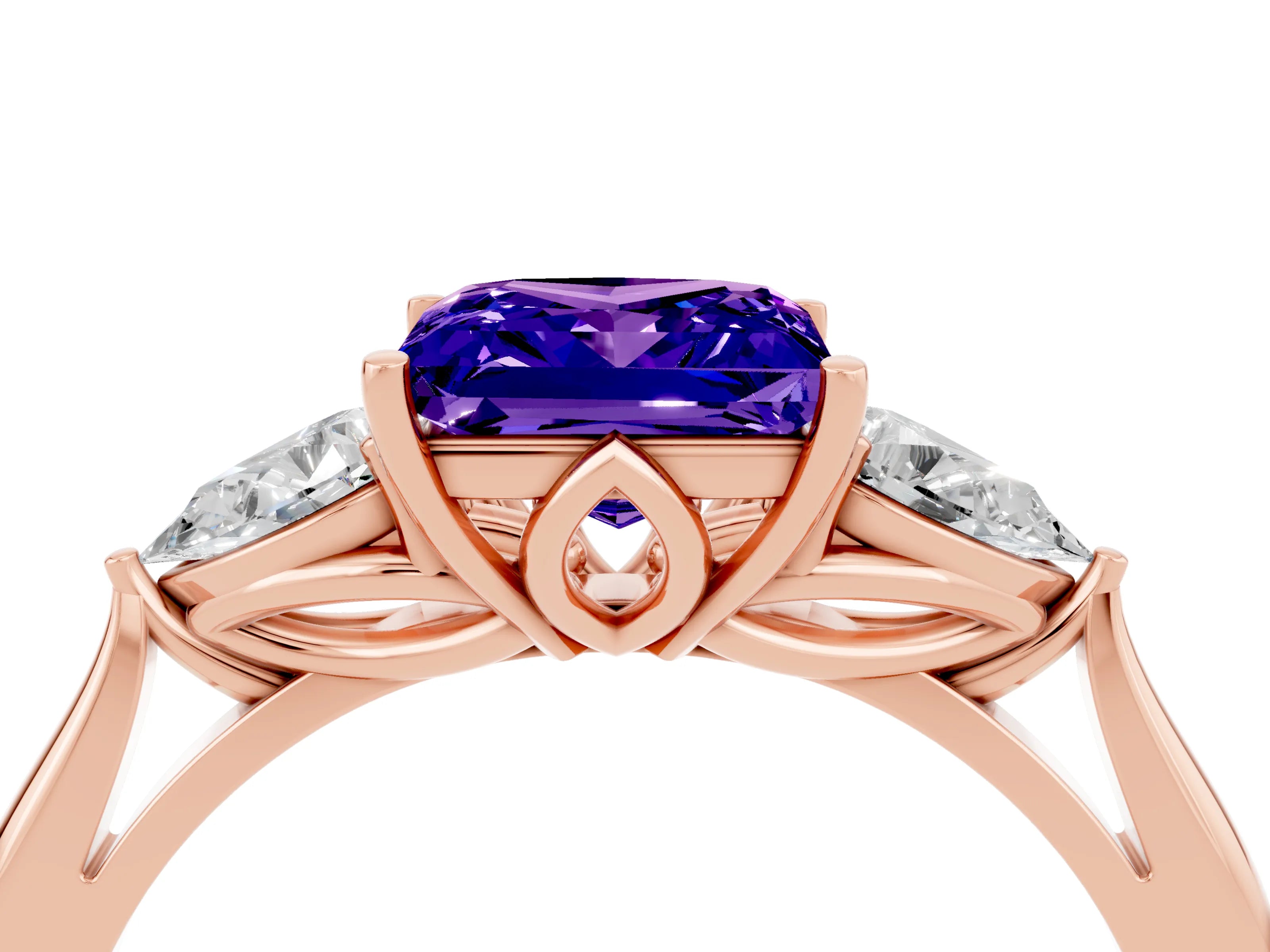Rose gold Three-Stone Princess Cut Cut Diamond Ring with Pear Side Stones in Four-Prong Setting_4
