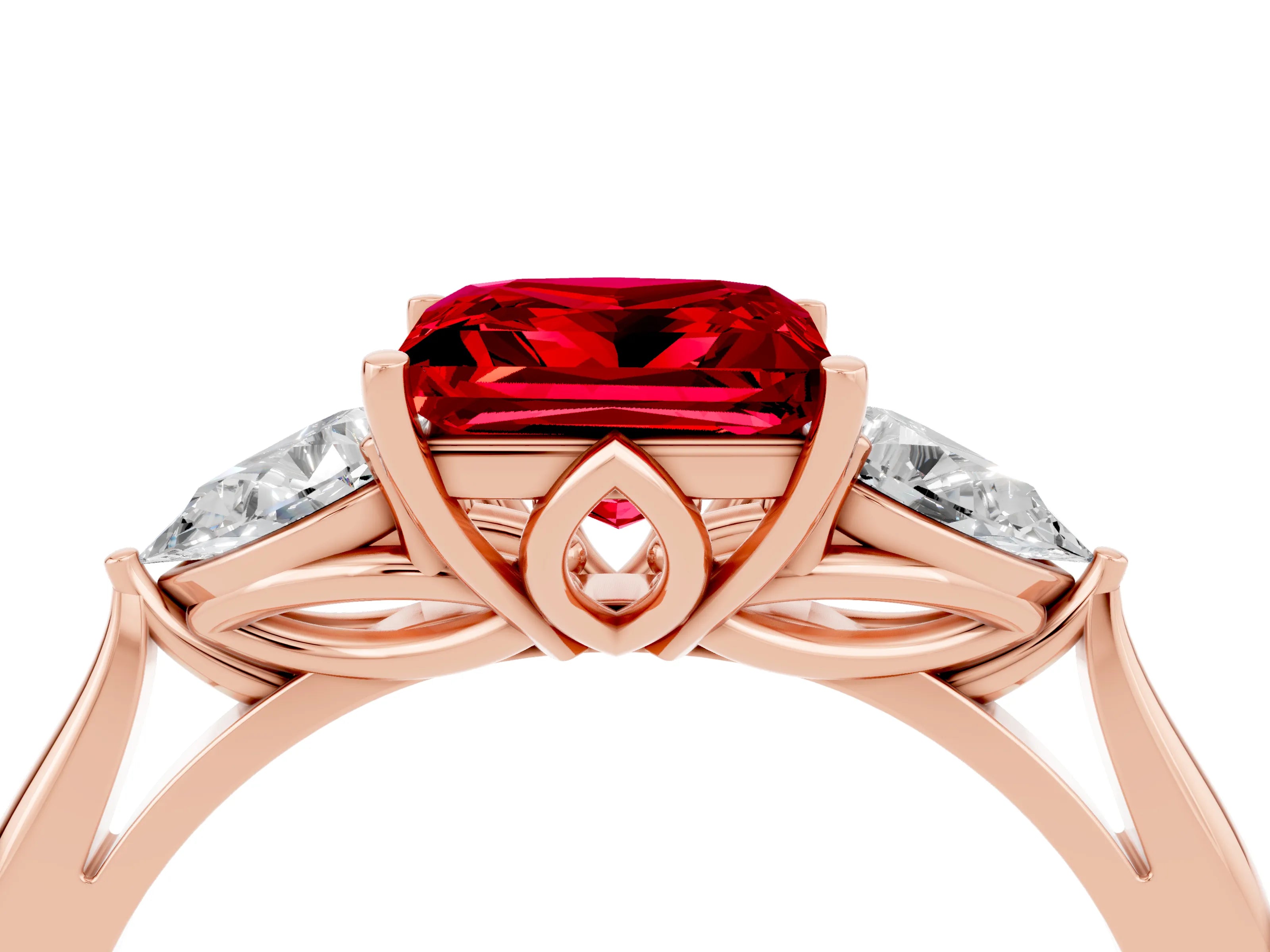 Rose gold Three-Stone Princess Cut Cut Diamond Ring with Pear Side Stones in Four-Prong Setting_4