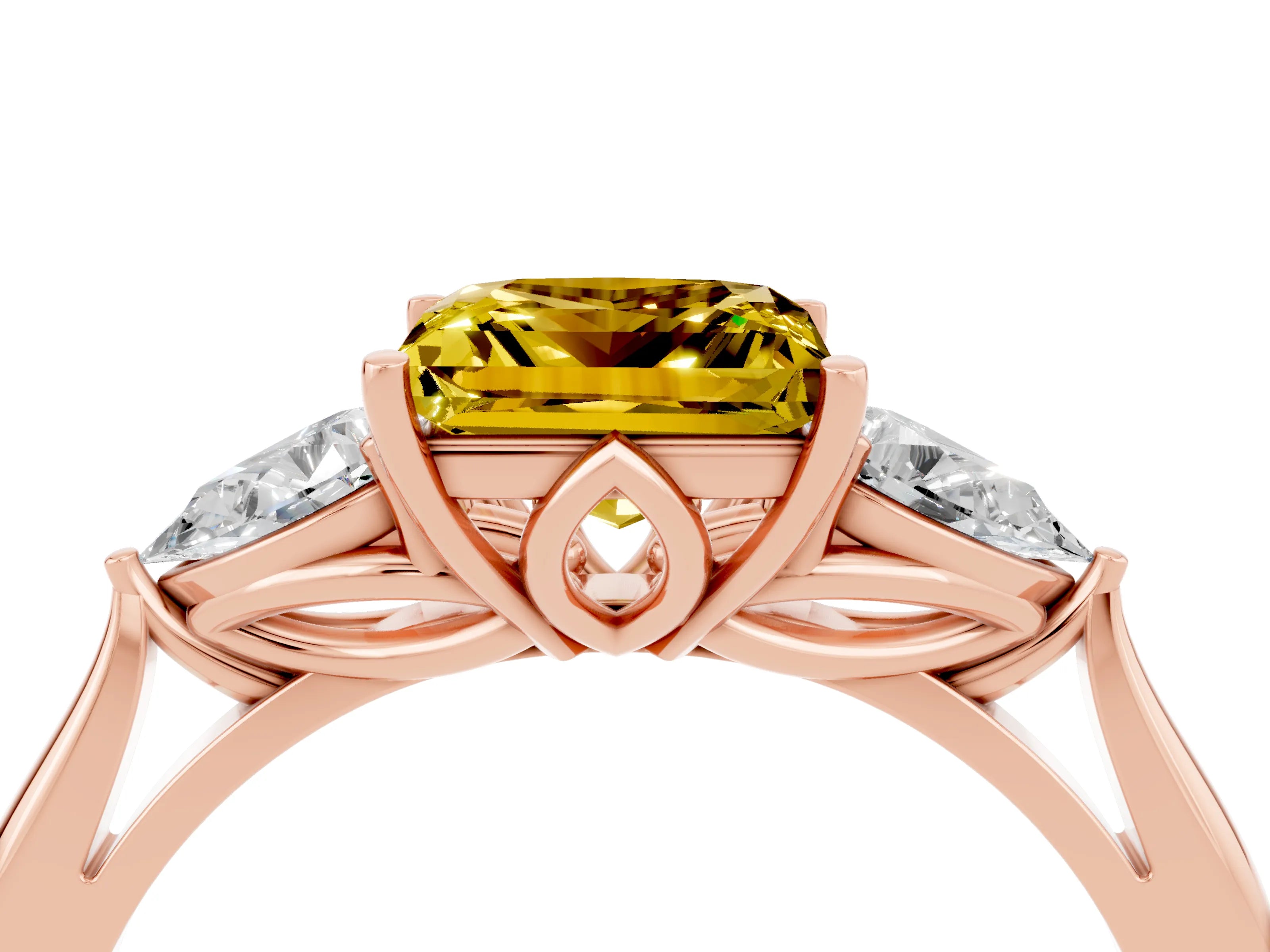 Rose gold Three-Stone Princess Cut Cut Diamond Ring with Pear Side Stones in Four-Prong Setting_4