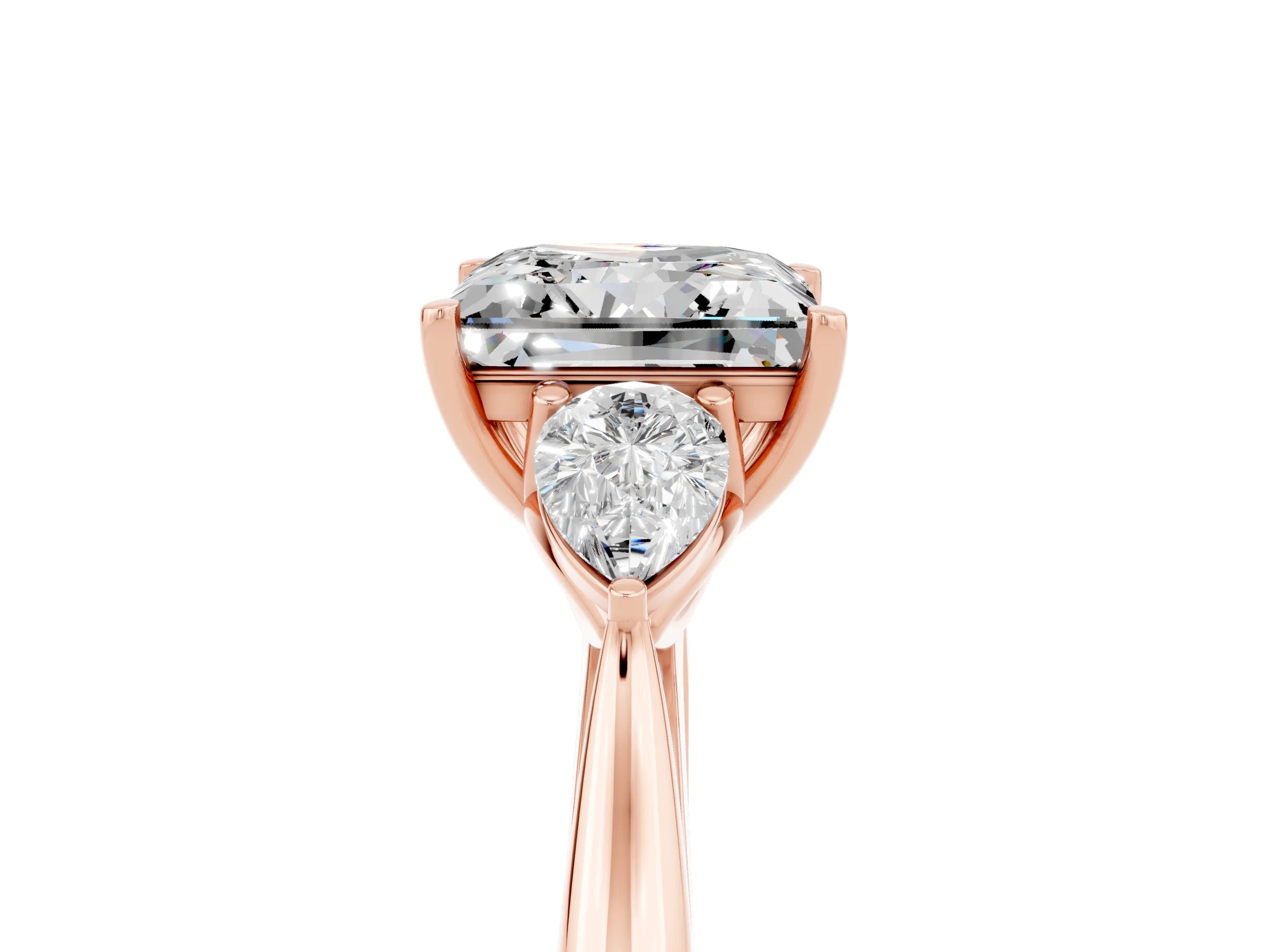 Rose gold Three-Stone Princess Cut Cut Diamond Ring with Pear Side Stones in Four-Prong Setting_5