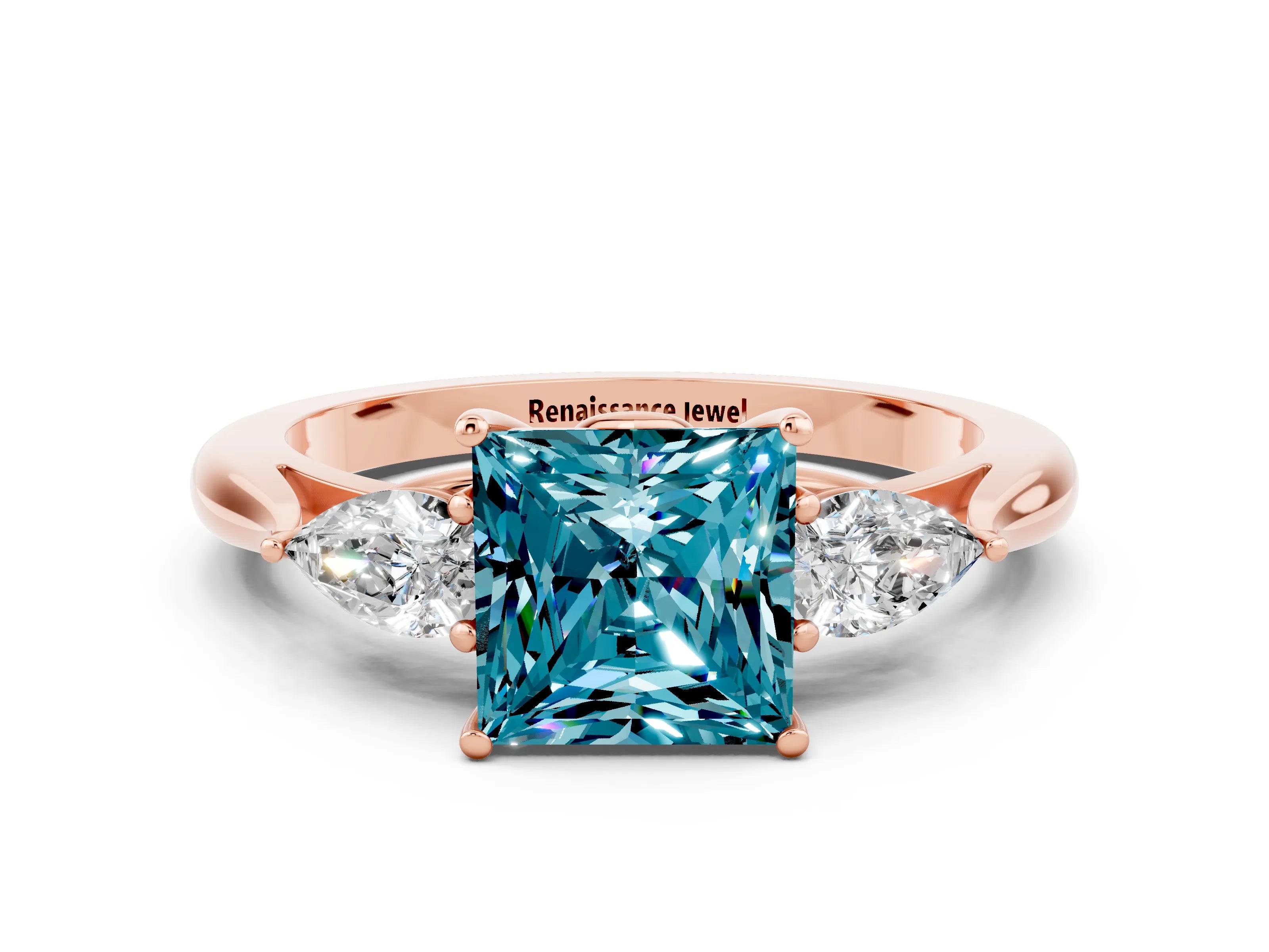 Rose gold Three-Stone Princess Cut Cut Diamond Ring with Pear Side Stones in Four-Prong Setting