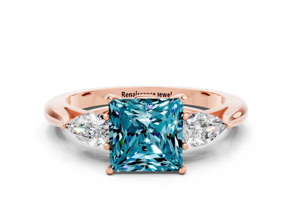 Rose gold Three-Stone Princess Cut Cut Diamond Ring with Pear Side Stones in Four-Prong Setting