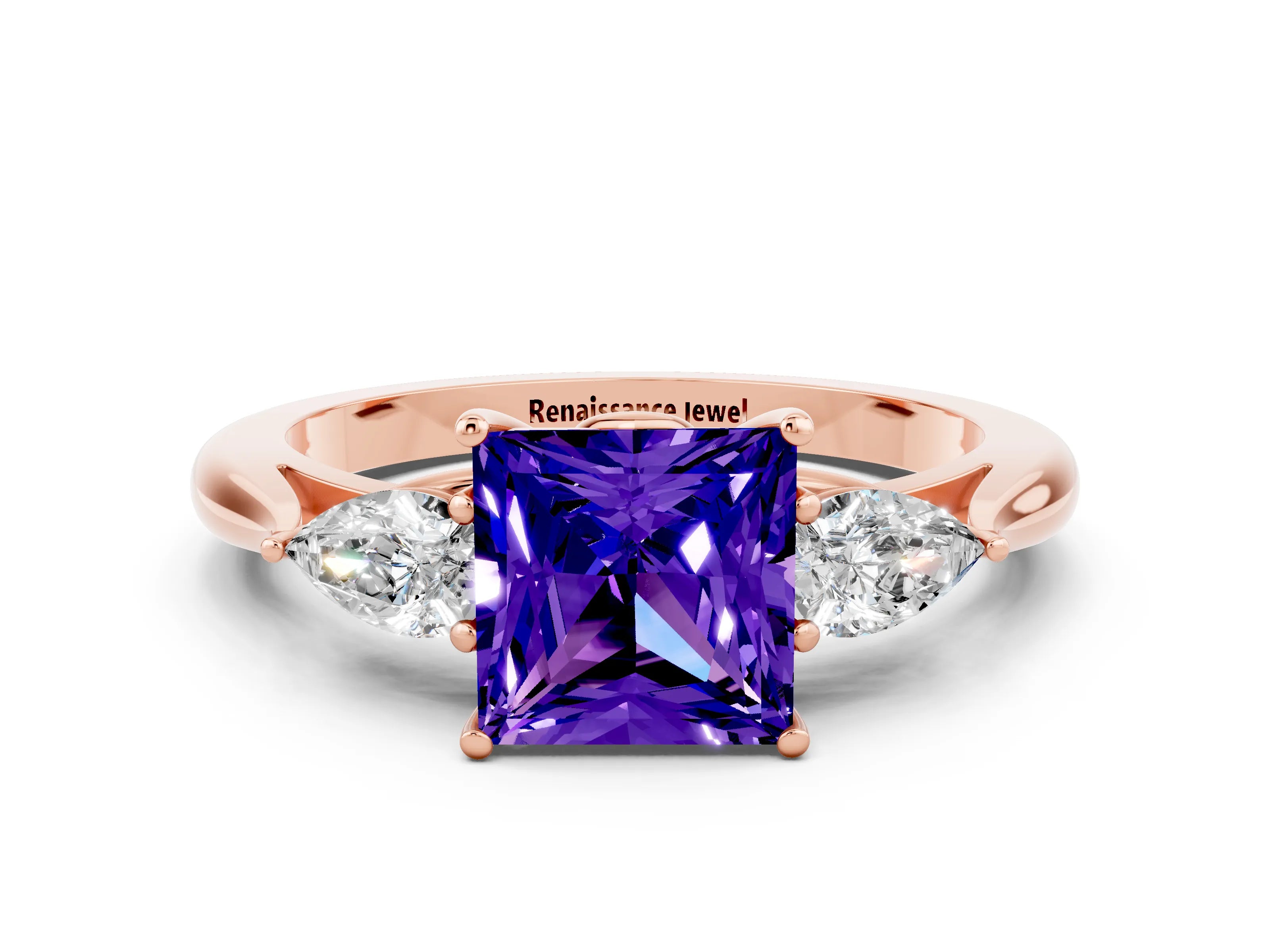 Rose gold Three-Stone Princess Cut Cut Diamond Ring with Pear Side Stones in Four-Prong Setting