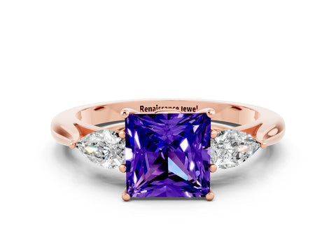 Rose gold Three-Stone Princess Cut Cut Diamond Ring with Pear Side Stones in Four-Prong Setting