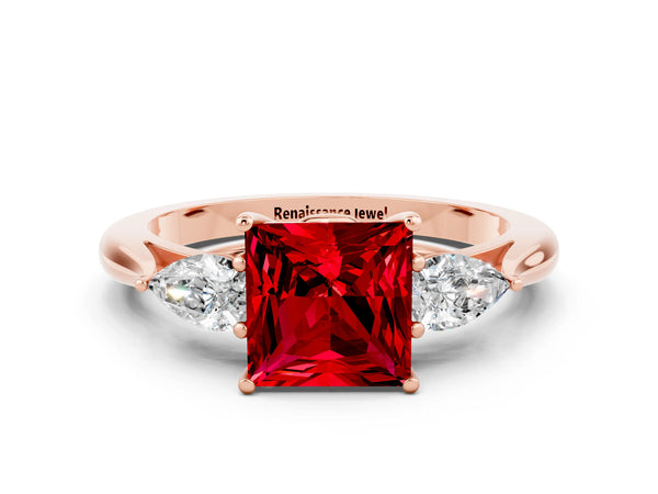 Rose gold Three-Stone Princess Cut Cut Diamond Ring with Pear Side Stones in Four-Prong Setting