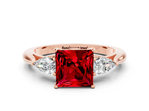 Rose gold Three-Stone Princess Cut Cut Diamond Ring with Pear Side Stones in Four-Prong Setting