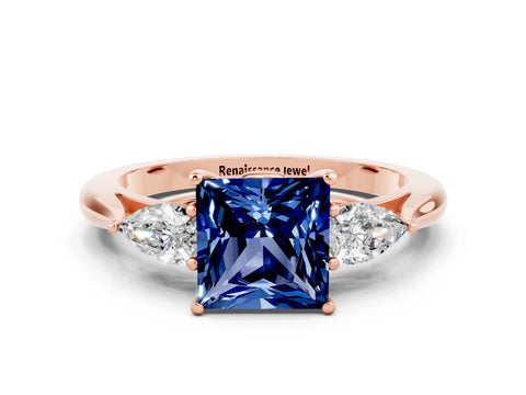 Rose gold Three-Stone Princess Cut Cut Diamond Ring with Pear Side Stones in Four-Prong Setting
