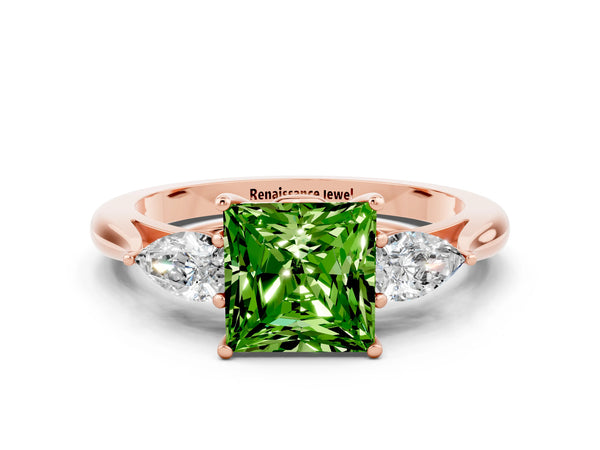 Rose gold Three-Stone Princess Cut Cut Diamond Ring with Pear Side Stones in Four-Prong Setting