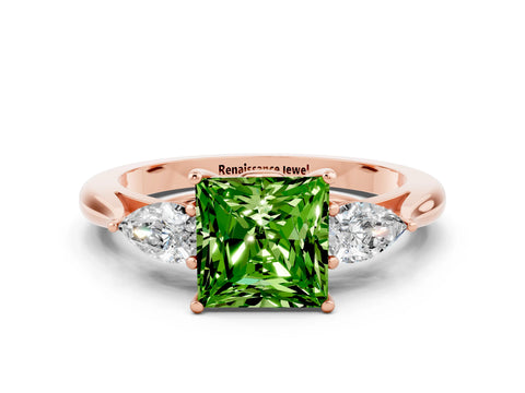 Rose gold Three-Stone Princess Cut Cut Diamond Ring with Pear Side Stones in Four-Prong Setting