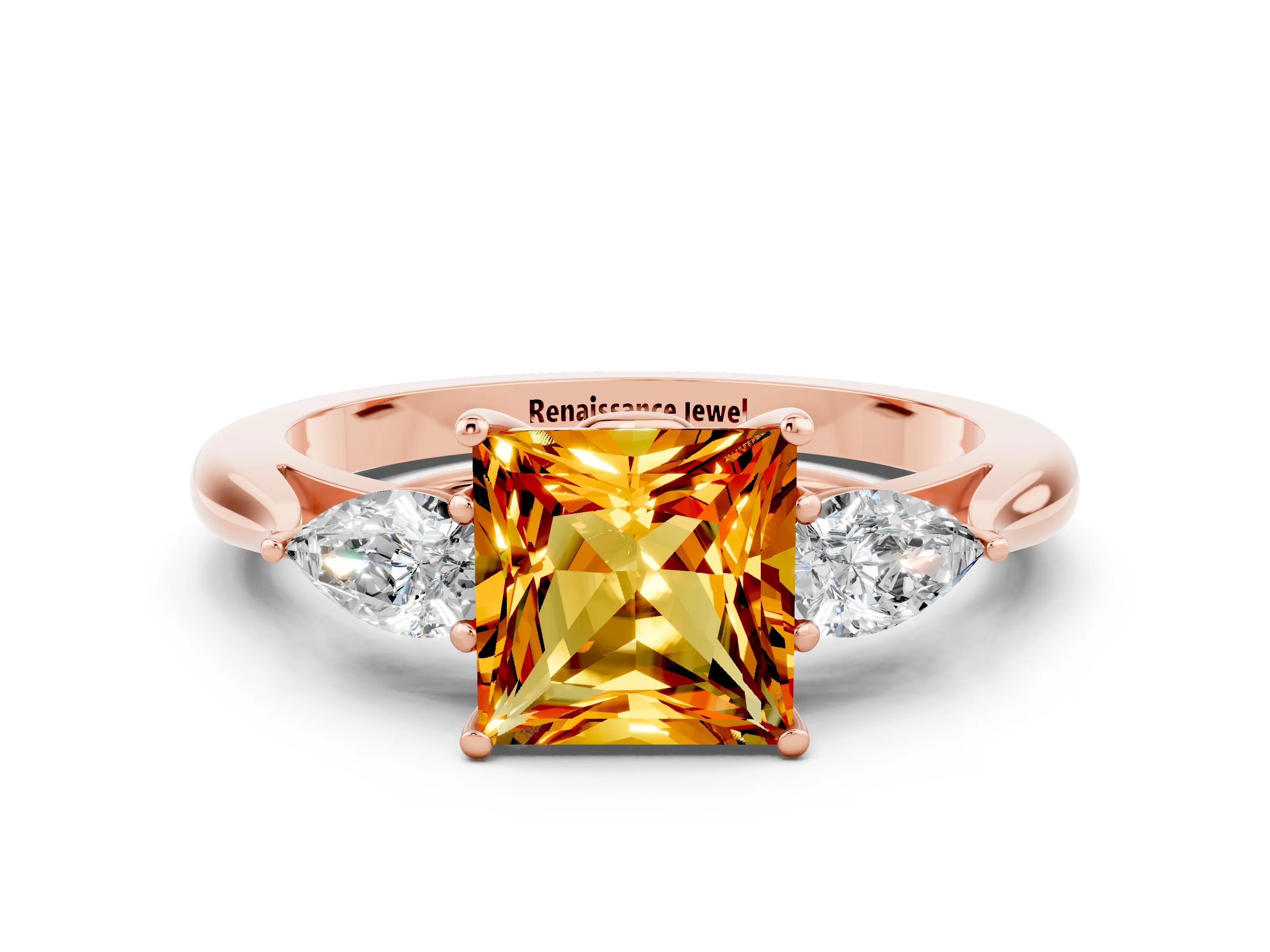 Rose gold Three-Stone Princess Cut Cut Diamond Ring with Pear Side Stones in Four-Prong Setting