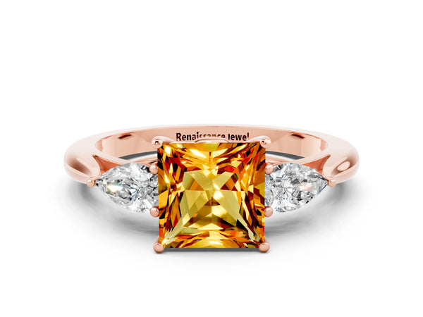Rose gold Three-Stone Princess Cut Citrine Ring with Pear  Side Stones in Four-Prong Setting