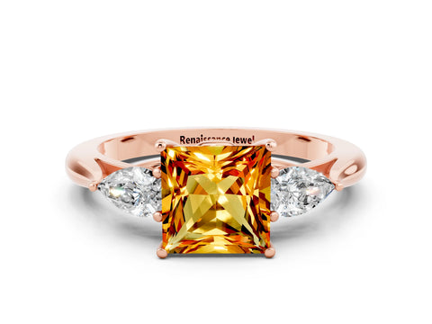Rose gold Three-Stone Princess Cut Cut Diamond Ring with Pear Side Stones in Four-Prong Setting