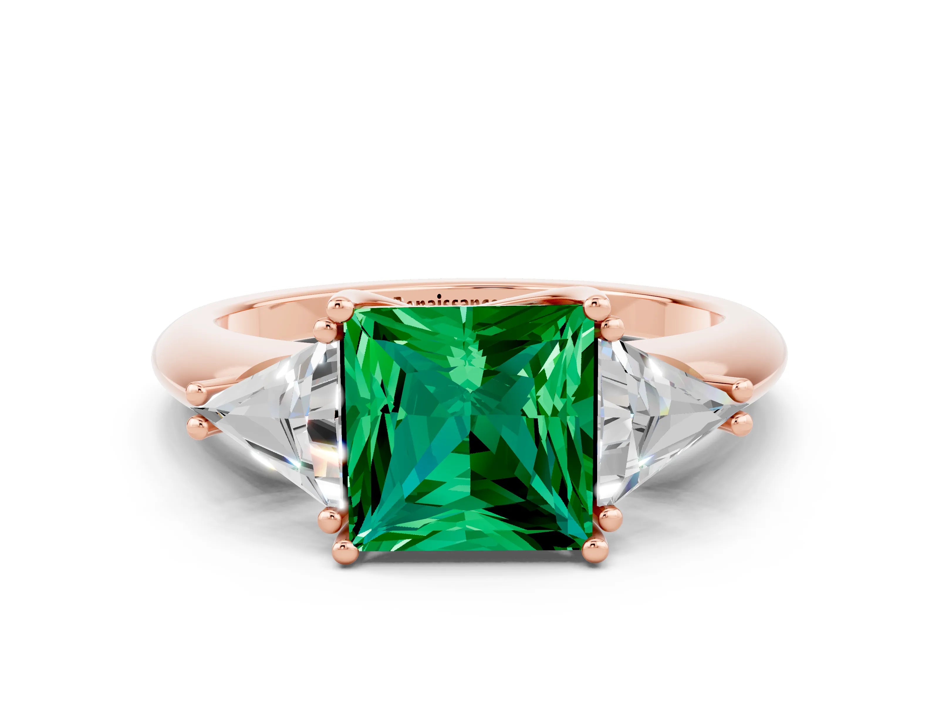Rose gold Three-Stone Princess Cut Cut Diamond Ring with Trillion Side Stones and Four-Prong Setting