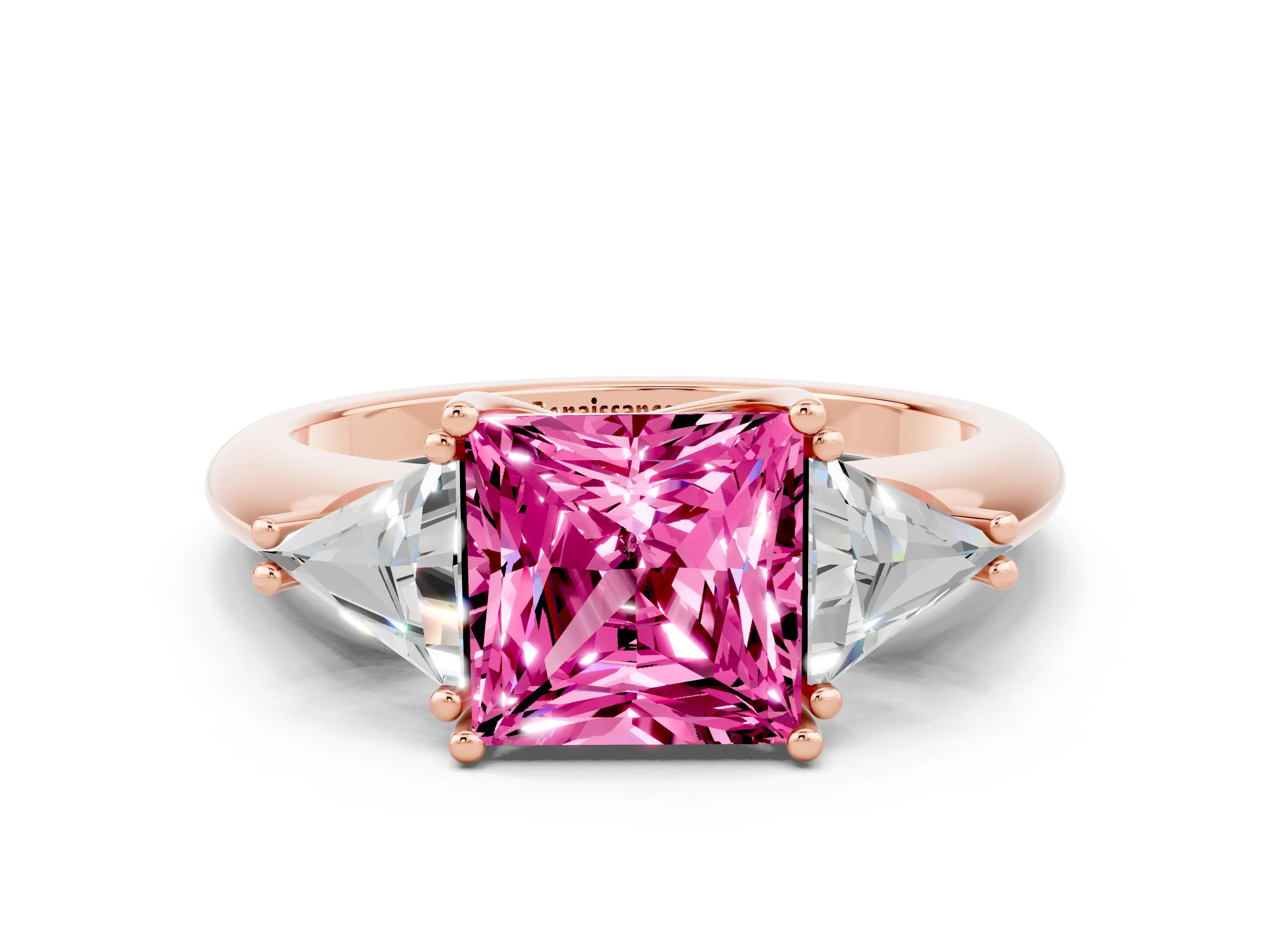 Rose gold Three-Stone Princess Cut Cut Diamond Ring with Trillion Side Stones and Four-Prong Setting