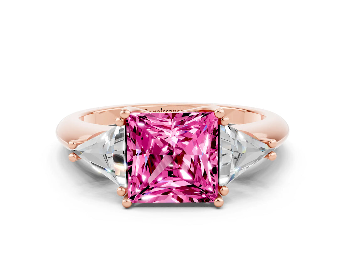 Rose gold Three-Stone Princess Cut Cut Diamond Ring with Trillion Side Stones and Four-Prong Setting