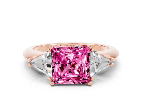 Rose gold Three-Stone Princess Cut Cut Diamond Ring with Trillion Side Stones and Four-Prong Setting