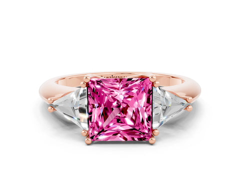 Rose gold Three-Stone Princess Cut Cut Diamond Ring with Trillion Side Stones and Four-Prong Setting