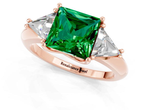 Rose gold Three-Stone Princess Cut Emerald Engagement Ring with Trillion Side Stones and Prong Setting